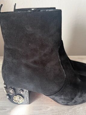 Coach Black Suede Juliet Ankle Booties with Decorative Metal Heel